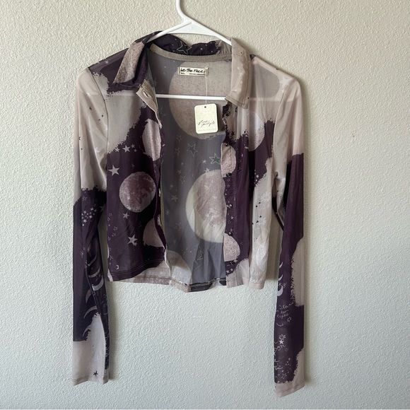 Free People On The Scene Plum Combo Moon Print Mesh Button Up Top - Picture 4 of 7